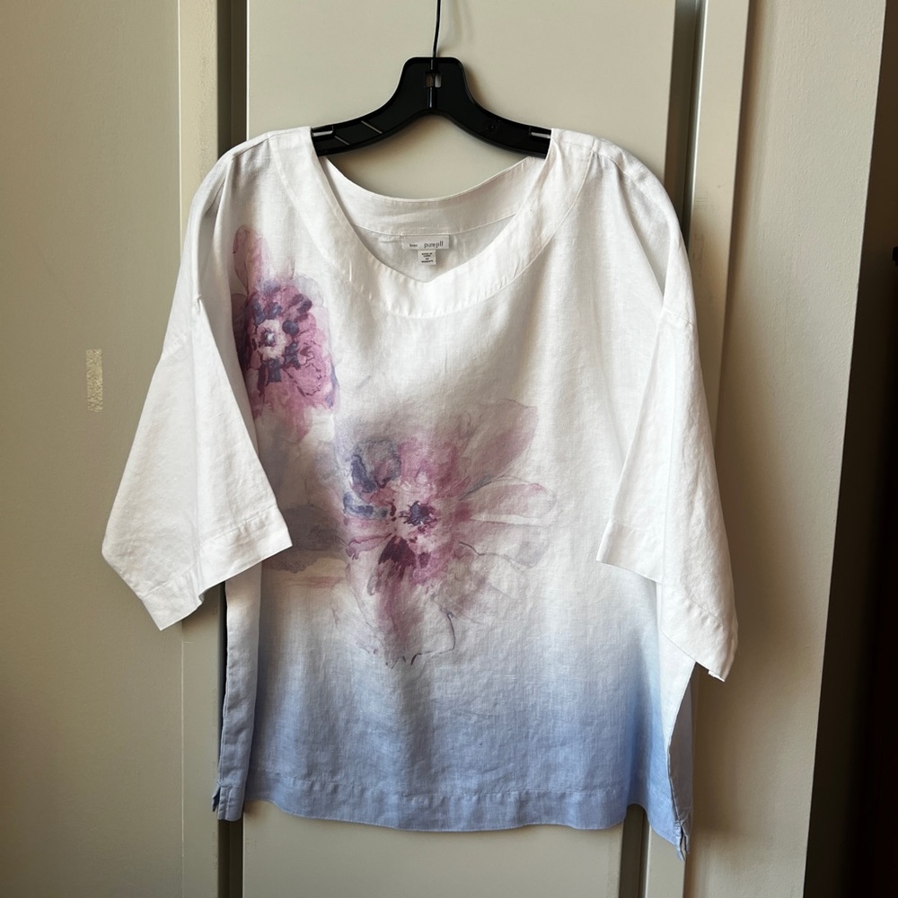 J Jill Linen Kimono Top * size 1X * White w/Floral Print